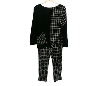 Sympli 6 Black White Grid Print Stretchy Knit Asymmetric Top Pull-On Pant Set
